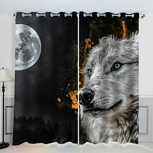 VASENA Wolf Tier Gardinen Kinderzimmer 3D Drucken Fenstervorhang Wilder Wolf Vorhänge Abdunkelnd Blickdichte Schallschutz Gardinen mit Ösen 2er-Pack (140x160 cm) von VASENA