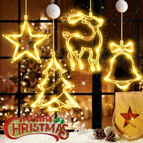 LED Lichtervorhang Weihnachten, 4er Weihnachtsbeleuchtung Innen, LED Sterne Weihnachtsbeleuchtung, Fenster Lichterkette Weihnachten mit Saugnäpfe 40 LEDs Weihnachten Lichter für Party Weihnachtsdeko von VASIN