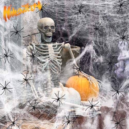 VASIN Halloween Spinnennetz Dekorationen, 300g Elastischer Spinnennetz 80 Realistisch Spinnen Halloween Deko, 1600 m² Spinnennetz deko Set Großes spinnenweben für Halloween Party Draußen und Drinnen von VASIN