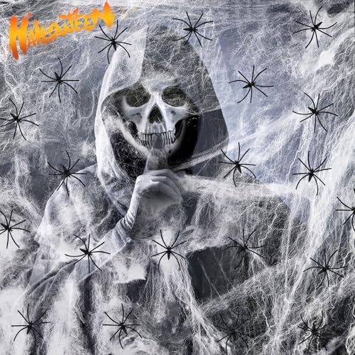 VASIN Halloween Spinnennetz Dekorationen, 300g Elastischer Spinnennetz 80 Realistisch Spinnen Halloween Deko, 1600 m² Spinnennetz deko Set Großes spinnenweben für Halloween Party Draußen und Drinnen von VASIN