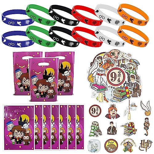 VAVICRAP 72 Stück Kinder Geburtstag Mitgebsel, 12 Silikon Armbänder Kinder 50 Aufkleber 10 Kleine Geschenktüten Kinder Thema Party Dekorationen Geburtstagsparty Geschenk Set für Mädchen Jungen von VAVICRAP