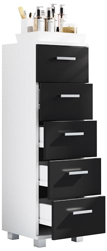 VCM Holz Midischrank | Badschrank | Maße: H. 90 x B. 30 x T. 30 cm | Kommode | 5 Schubladen - Zalo M Weiß/Schwarz von VCM