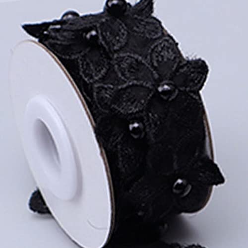 Spitzenborte,Spitzenband 35 mm Blumenspitzenband mit weißen Kunstperlen, mit Perlen bestickte Spitzenbesatzbänder for Heimwerkerarbeiten, Hochzeitskleid(Black) von VDCVADKYE