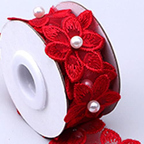 Spitzenborte,Spitzenband 35 mm Blumenspitzenband mit weißen Kunstperlen, mit Perlen bestickte Spitzenbesatzbänder for Heimwerkerarbeiten, Hochzeitskleid(Red) von VDCVADKYE