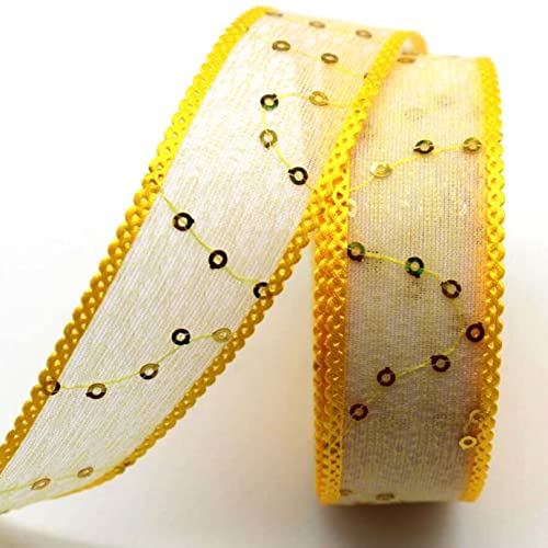 Spitzenborte,Spitzenband Spitzenbesatz mit Pailletten, 9,1/18,2 m, glänzender Spitzenbesatz aus dekorativem Gazeband for Herstellen von Schleifen und Verpacken von Geschenken(Yellow,25mm 10 Yards) von VDCVADKYE