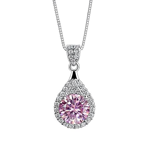 VDLLQYN, Halskette mit Moissanit-Anhänger, 1 Karat Rundschliff, D-Farbe, VVS1-Diamant-Halskette for Damen, Halskette aus 925er-Sterlingsilber for Damen mit Zertifikat,Halsketten(Pink) von VDLLQYN