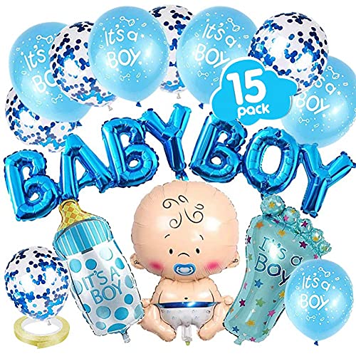 VDSOW Babyparty Deko, Blau Gender Reveal Party Dekoration mit Jungen Ballon/Baby Boy Ballon Banner/Konfetti Luftballons/es ist EIN Junge Luftballons/Babyflasche, Fußförmige Helium Folienballon/Band von VDSOW