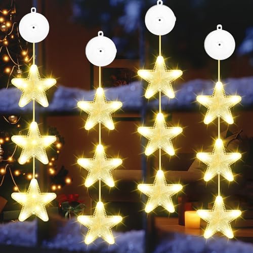 VEEKAY 4er Set LED Weihnachtsbeleuchtung, Saugnapf Weihnachten Lichter,12 x Stern Weihnachtselemente,Warmweiß Lichtervorhang mit Timer,Batteriebetrieben,für Weihnachtsdeko von VEEKAY