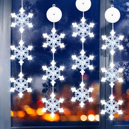 VEEKAY 4er Set LED Weihnachtsbeleuchtung, Weihnachten Lichter,12xLED Schneeflocken Weihnachtselemente,KaltesWeiß Lichtervorhang mit Saugnäpfe,Timer,Batteriebetrieben,für Weihnachtsdeko von VEEKAY