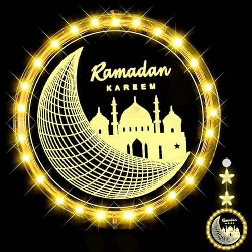 VEEKAY LED Muslim Ramadan Lichterkette,9.4in Ramadan Hängende Lichter mit 2 LED Stern,Eid Ramadan Lichterkette mit Haken,Eid Ramadan Dekoration Fee Licht,Eid Ramadan Laternen,Islam Mubarak Dekoration von VEEKAY