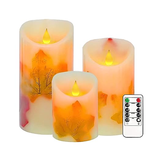 Flameless Candles Lights, Set of 3 Maple Leaf Flickering LED Candles with Remote & Timer, Dimmable LED Pillar Candles Battery Operated, Electric Candles for Thanksgiving Halloween Fall Harvest Decor von VEEKI