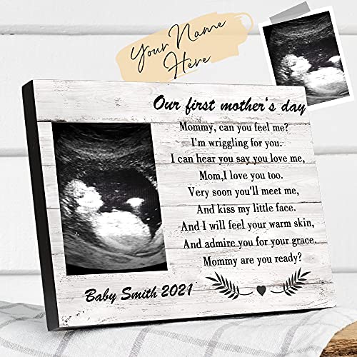 Personalisierter Bilderrahmen mit Schwangerschaft Foto & Text 12x 18 Holz Ultraschall von Baby Kinder Gravur Bild Geschenk für erste junge Mutter Schwangere Kindtaufe Geburt Muttertag Weihnachten von VEELU