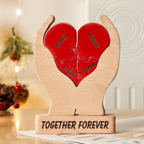 Personalisiertes Holzkunstpuzzle der Herzfamilie mit 2-8 Familiennamen | Bärenskulptur aus Holz als Desktop-Dekoration Ornament für Zuhause Tischdekoration, Mama Großmutter von VEELU