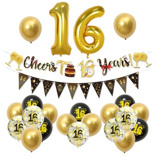 VEGCOO 16 Geburtstag Deko,23Pcs 16th Geburtstag Dekorationen Kit 16th Black Gold Ballons für Party Dekorationen 16th Geburtstag Banner und Riemen für Frauen Männer von VEGCOO