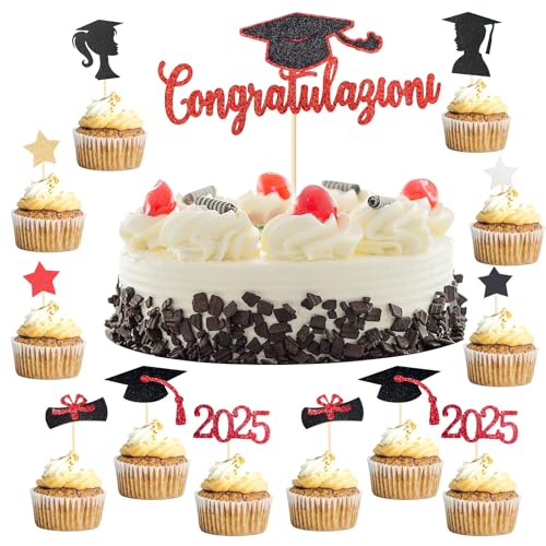 VEGCOO 33 Stück Toppers Abschlussfeier für Kuchen, Topper Torte Abschlussfeier Dekorationen Schriftzug Abschlussfeier Herzlichen Glückwunsch Rot Cupcakes Toppers Abschlussfeier Kuchen Abschlussfeier von VEGCOO