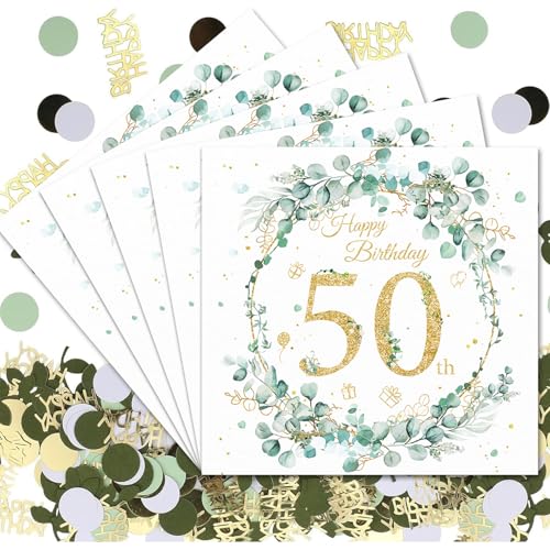 VEGCOO 48 Stück Servietten 50. Geburtstag, Eukalyptus Grün Papierservietten + 100 Stück Konfetti 50 Geburtstag Deko, Happy Birthday Servietten Geburtstag für 50 Geburtstag Frau Mann von VEGCOO