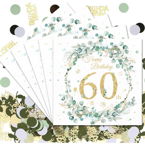 VEGCOO 48 Stück Servietten 60. Geburtstag, Eukalyptus Grün Papierservietten + 100 Stück Konfetti 60 Geburtstag Deko, Happy Birthday Servietten Geburtstag für 60 Geburtstag Frau Mann von VEGCOO