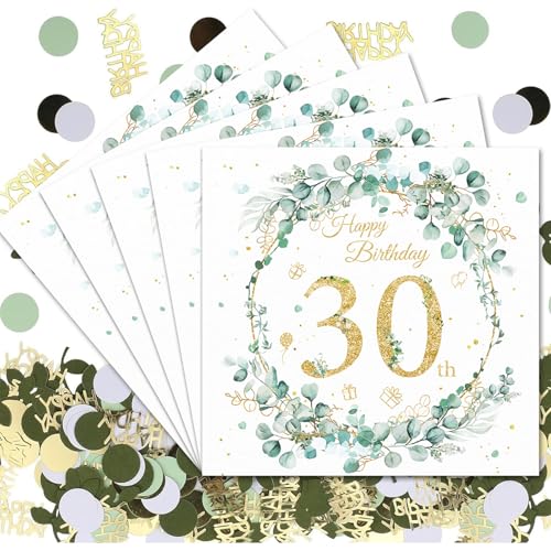 VEGCOO 48 Stück Servietten 30. Geburtstag, Eukalyptus Grün Papierservietten + 100 Stück Konfetti 30 Geburtstag Deko, Happy Birthday Servietten Geburtstag für 30 Geburtstag Frau Mann von VEGCOO