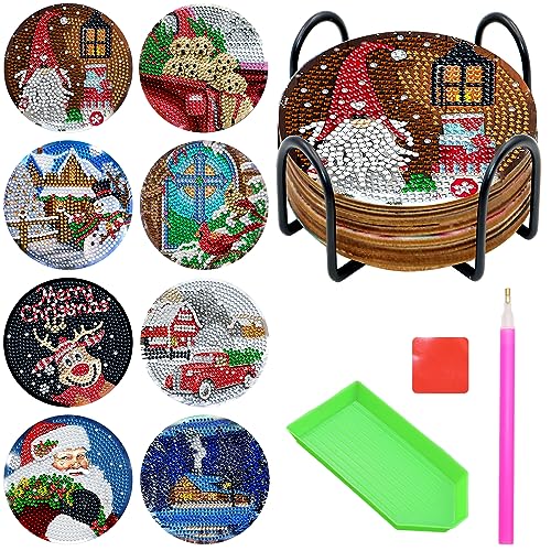 VEGCOO 8 Stück Diamond Painting Untersetzer,Weihnachtliche Diamantkunst-Untersetzer mit 1 Untersetzerhalter + 1 Kraftpapierbox DIY-Diamantkunstset Diamantkunst-Untersetzer für Erwachsene und Kinder von VEGCOO