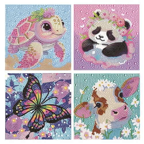 VEGCOO Diamond Painting, 4 Stück Diamond Painting 15 x 15 CM Tiere Panda Schildkröte Kuh Schmetterling 5D Diamantgemälde Raumdekoration Diamantgemälde (Rosa 2) von VEGCOO