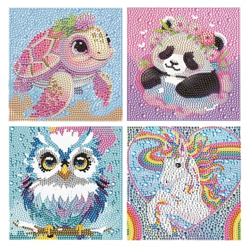 VEGCOO Diamond Painting, 4 Stück Diamond Painting 15x15 CM Tiere Panda Schildkröte Einhorn Eule 5D Diamantgemälde Raumdekoration Diamantgemälde (Rosa 1) von VEGCOO