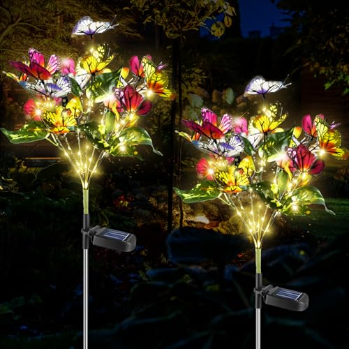 VEGOATY 2 Stück Solarlampen Für Außen Garten, Ip55 Wasserdicht Solar Gartenleuchte, Solar Lichterkette Aussen Gartendeko, Lichterkette Schmetterling Solar Gartenleuchten Für Rasenflächen Gartendeko von VEGOATY