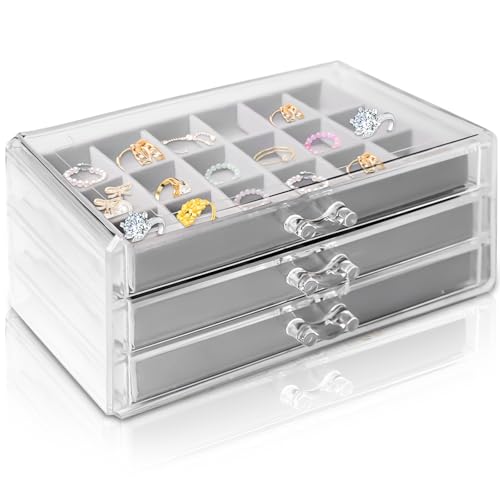 VEGOATY Acryl Schmuck Organizer，Schmuckschatulle Acryl Schmuckkästchen mit 3 Schubladen, Ohrring Aufbewahrung Schmuckaufbewahrung Schmuckbox aus Samt für ohrringe Ring Jewellery Organizer von VEGOATY