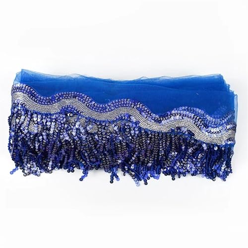 VEKRUTIKE Quasten Anhänger 1-5 Yards 8 cm Pailletten Quaste Fransen Paillette Mesh Spitzenbesatz Band for Nähen Performance Rock Hochzeitskleid Dekoration Stoff(DarkRoyalBlue,5Yards) von VEKRUTIKE