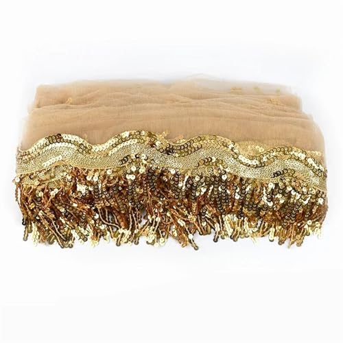 VEKRUTIKE Quasten Anhänger 1-5 Yards 8 cm Pailletten Quaste Fransen Paillette Mesh Spitzenbesatz Band for Nähen Performance Rock Hochzeitskleid Dekoration Stoff(Gold,3Yards) von VEKRUTIKE