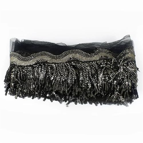 VEKRUTIKE Quasten Anhänger 1-5 Yards 8 cm Pailletten Quaste Fransen Paillette Mesh Spitzenbesatz Band for Nähen Performance Rock Hochzeitskleid Dekoration Stoff(GoldBlack,4Yards) von VEKRUTIKE