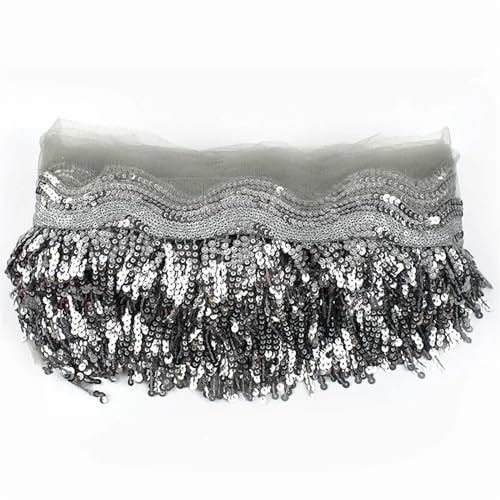 VEKRUTIKE Quasten Anhänger 1-5 Yards 8 cm Pailletten Quaste Fransen Paillette Mesh Spitzenbesatz Band for Nähen Performance Rock Hochzeitskleid Dekoration Stoff(Gray,1Yard) von VEKRUTIKE