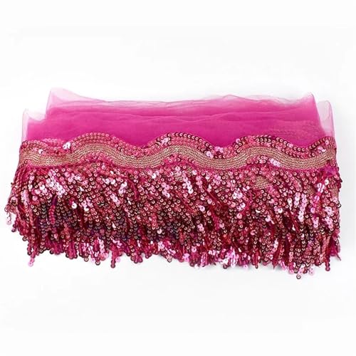 VEKRUTIKE Quasten Anhänger 1-5 Yards 8 cm Pailletten Quaste Fransen Paillette Mesh Spitzenbesatz Band for Nähen Performance Rock Hochzeitskleid Dekoration Stoff(Rosered,4Yards) von VEKRUTIKE