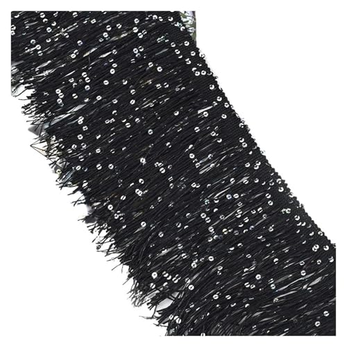 VEKRUTIKE Quasten Anhänger 2/4/8M 10cm Bunte Pailletten Quaste Fransen Spitze Trim Band for Nähen Latin Dance Kleid Leistung Handwerk Materialien Zubehör(Black,2Meters) von VEKRUTIKE