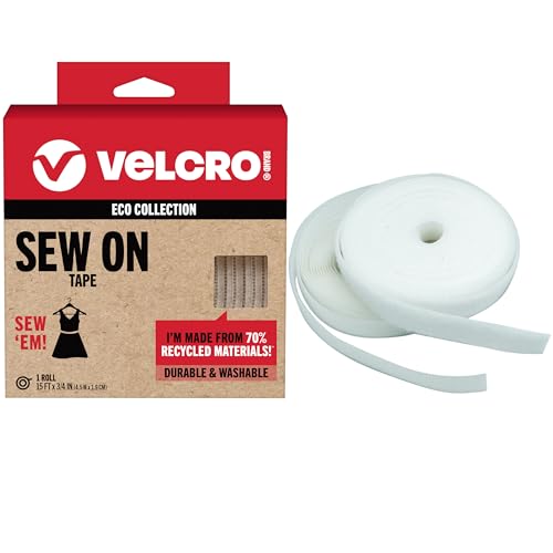 VELCRO Brand Eco Collection | Non-Klebeband zum Nähen von Kleidung und Stoffen, auf individuelle Länge zugeschnitten für Näharbeiten, 4,6 m x 1,9 cm Rolle, weiß von VELCRO Brand