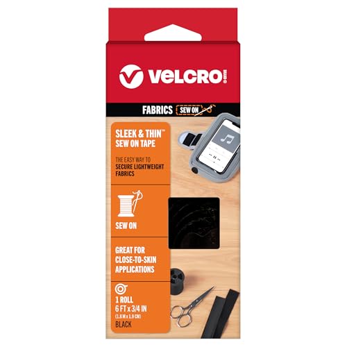 VELCRO Brand Schlank und dünn für Stoffe, 1,8 m x 1,9 cm, schwarz, weich auf der Haut, ultraleicht mit Nähbahn-Technologie. von VELCRO Brand