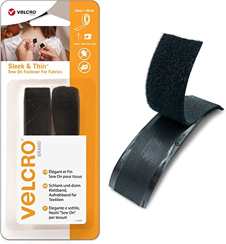 VELCRO Marke | Schlanker und dünner aufnähbarer Verschluss für Stoffe | Robuster Haken- und Schleifen-Selbstklebeverschluss | Schwarz | 19mm x 60cm von VELCRO Brand