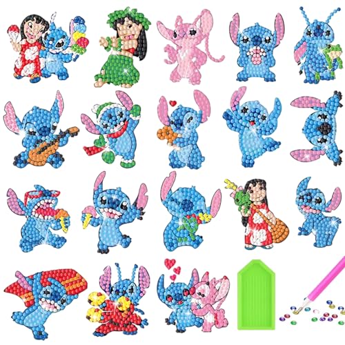 VELEEZE Lilo Stitch Diamond Painting Kinder, 18 Stück DIY Diamant Painting Kit für Kinder, Diamond Painting Kinder, Cartoon Diamantmalerei für Kinder mit Zubehör, für Notebook, Cup von VELEEZE