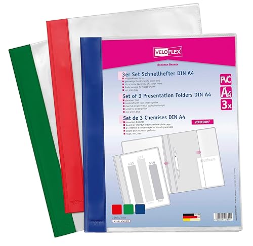 VELOFLEX 4741003 - Schnellhefter VELOFORM, 3 Stück, DIN A4, PVC, glasklarer Vorderdeckel, passend für Prospekthüllen, grün rot blau von VELOFLEX