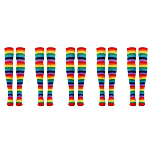 VENEKA 10X Regenbogengestreifte Socken ÜBer Dem Knie Clown Gestreiftes Kostüm Hohe Strümpfe für Halloween Cosplay Partys von VENEKA