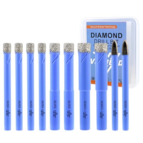 VENJELD Diamant Fliesenbohrer Set - 6mm X 4, 8mm X 2, 10mm X 2 8tlg. Diamantbohrer Lochsäge und 2 Stücke 6mm Karbidebohrer für Keramik Porzellan Fliesen Marmor - Rundschaft mit Aufbewahrungskoffer von VENJELD