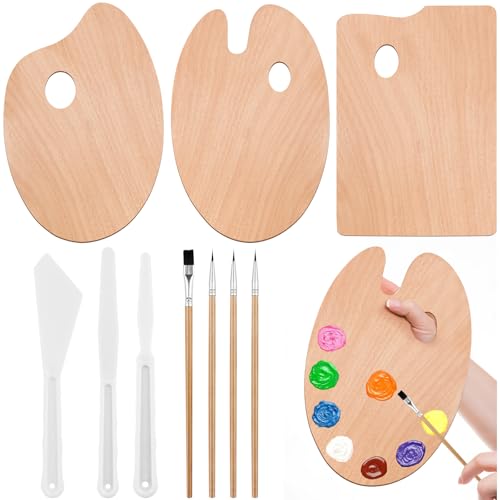 VEPEPE 10 Stück Daumenloch Holz Palette Malen Kit, 3 Formen Holz Malen Paletten 30 x 20 cm mit Malmesser Kunststoff, Oval Hölzerne Malpalette Mischpalette für DIY Kunst Handwerk Malerei Aquarell von VEPEPE