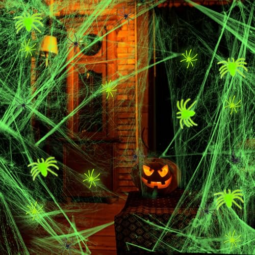 VEQENlFY Spinnennetz Halloween 200g Halloween Leuchtend Spinnennetz Halloween Deko Spinnennetz mit 50 Leuchtend Spinnen Halloween Deko Outdoor Spinnennetz Deko für Outdoor Indoor Gardens Halloween von VEQENIFY