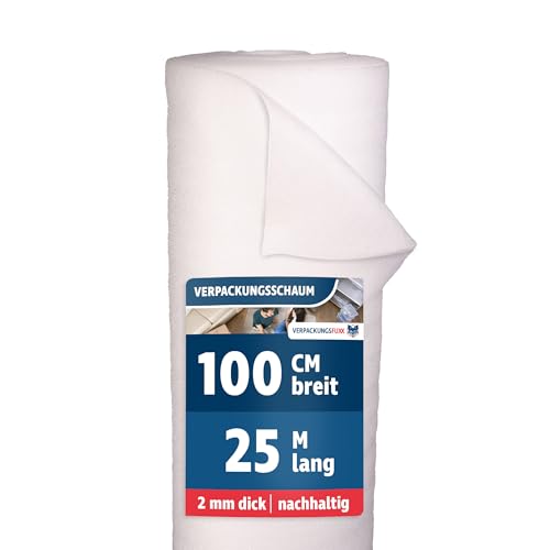 Verpackungsschaum Rolle 1m x 25m | 25m² Verpackungsmaterial 2mm PE-Schaum | Ideales Füllmaterial für Pakete & Umzugsmaterial als Möbelschutz | Schaumfolie als Polstermaterial von VERPACKUNGSFUXX