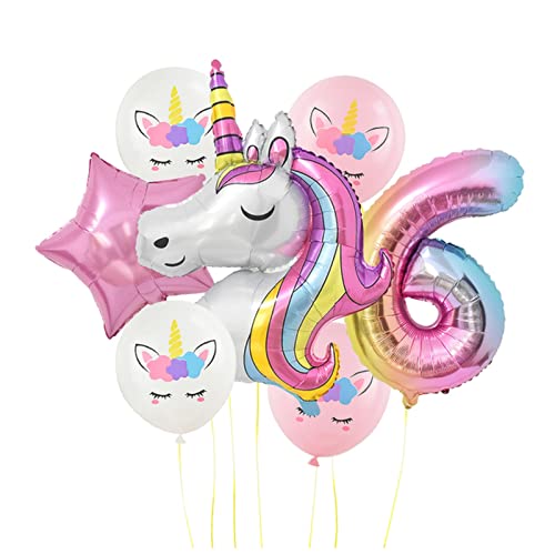 VERSLEH Happy Birthday Ballon 7 stücke Regenbogen Theme Party Ballons Einhorn Geburtstag Dekoration Zahl Ballon Geburtstag Party Dusche Air Globos Luftballons(Number6 Set) von VERSLEH