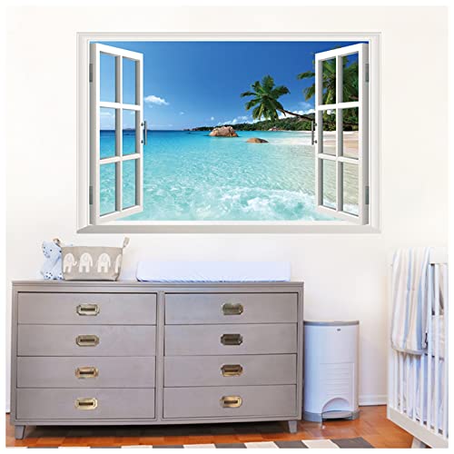 VERSLEH Wandpaneele Selbstklebend Landschaft Falsche Fenster 3D Wandaufkleber Hawaii Stil Wohnzimmer Abnehmbare Dekoration DIY PVC Abziehbilder Kunst Kinder Geschenk Wandpaneele Selbstklebend von VERSLEH