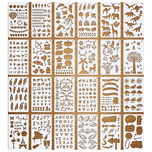 VETPW 24Pcs Gemischt Bullet Art Journal Stencil Schablonen Zeichnen Set, Kunststoff Wiederzuverwendend Zeichenschablonen Vorlagen Planer Schablonen für Tagebuch, Scrapbook DIY Geschenkkarten Fotoalbum von VETPW