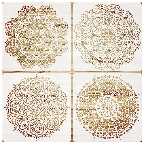 VETPW 4 Große Stencil Mandala Stencil Schablonen Zeichnen Set, Kunststoff Wiederzuverwendend Zeichenschablonen Vorlagen Planer Schablonen für Fußböden, Fenster, Möbel, Holz, Wanddeko, 30x30CM von VETPW