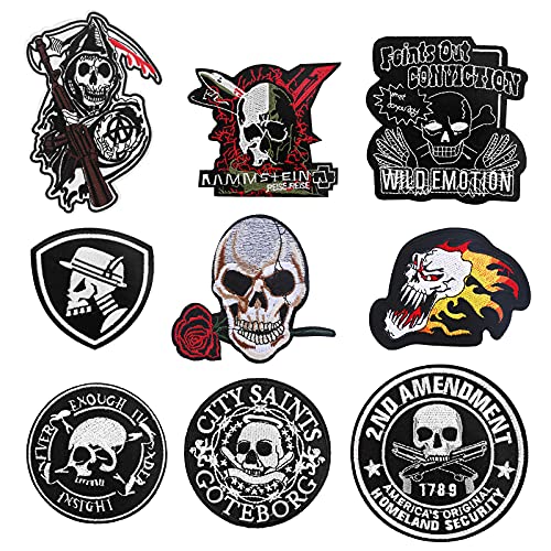 VETPW 9 Groß Schädel Design Patches Flicken zum Aufbügeln, Patch Sticker Bestickt Aufnäher Applikationen Zum Nähen Oder Aufbügeln für Kleidung, Rucksäcke, Jacken, Jeans, Hüte, Repariere das Loch von VETPW