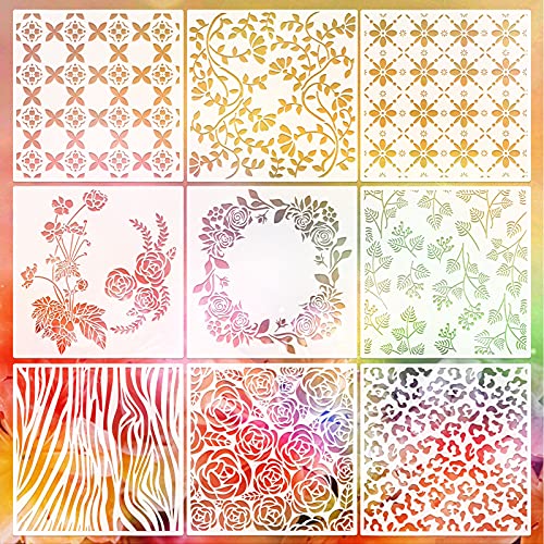 VETPW 9 Stück Blumen Mandala Stencil Flowers Schablone Groß Set, Wiederverwendbare Kuchen Backvorlagen, Vintage Blatt Tier Handwerk Wandschablone zum Malen Auf Wand Holz Stein Dekor, 20x20CM von VETPW