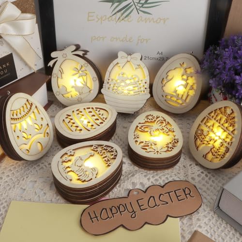 8 Stück Holzanhänger Ostern LED Dekoleuchte aus Holz, Ostern Basteln Holz, Hängende Eiform Holzdeko Deko Beleuchtet für Oster Party Dekorationen(8 Muster) von VEUWOLM